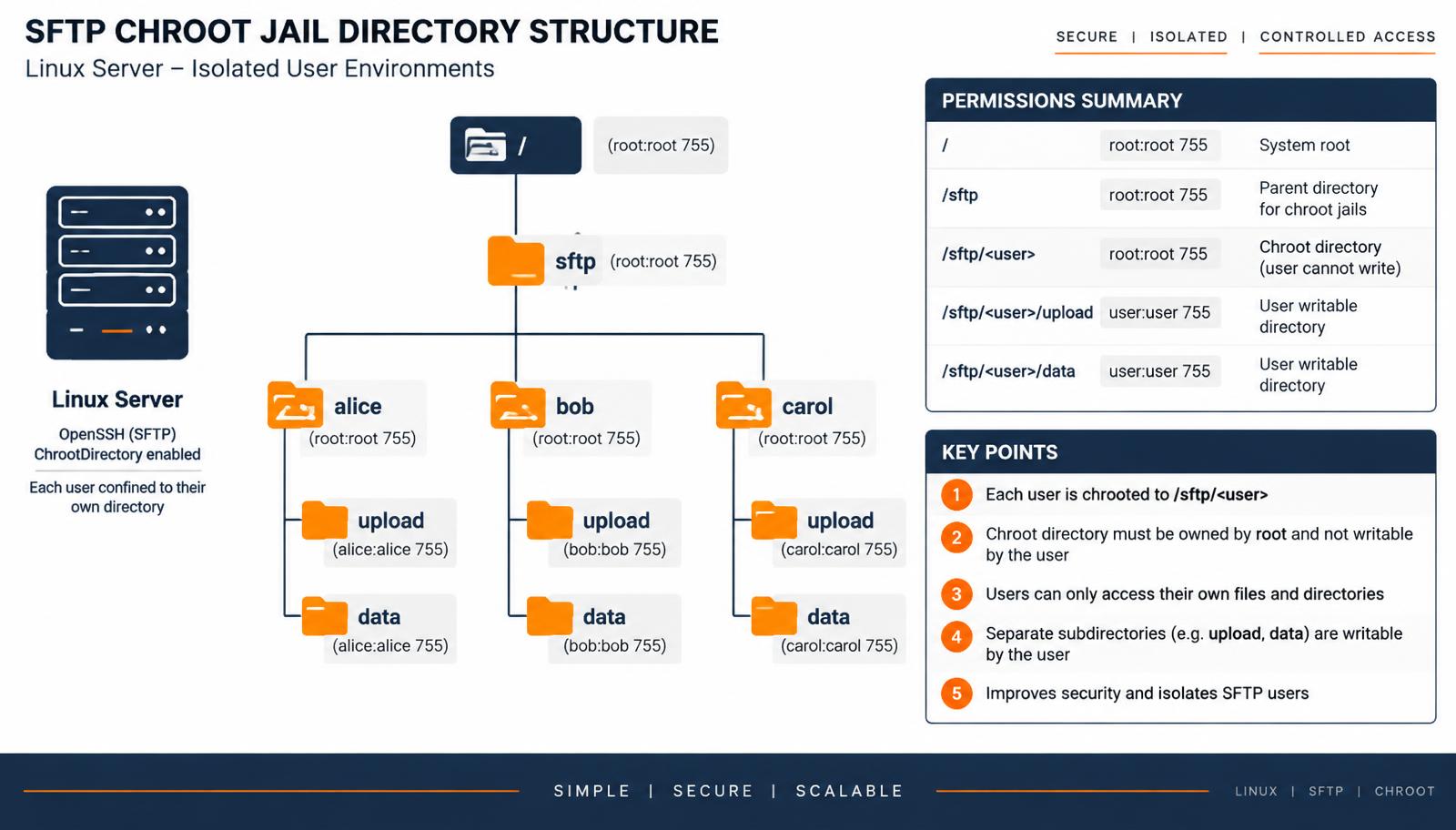 Diagram of an SFTP chroot jail directory structure on a CentOS server showing per-user directories and permissions