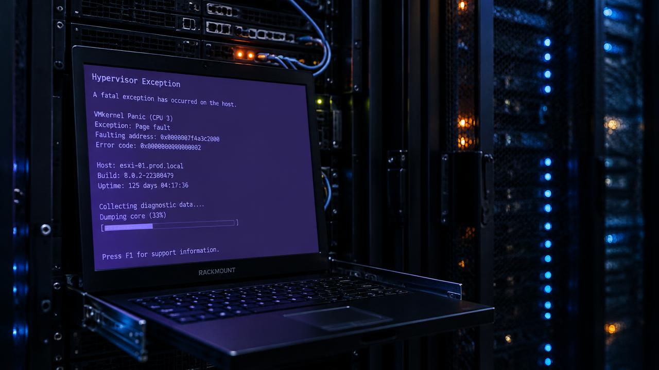 VMware ESXi host displaying a purple screen of death in a data centre rack