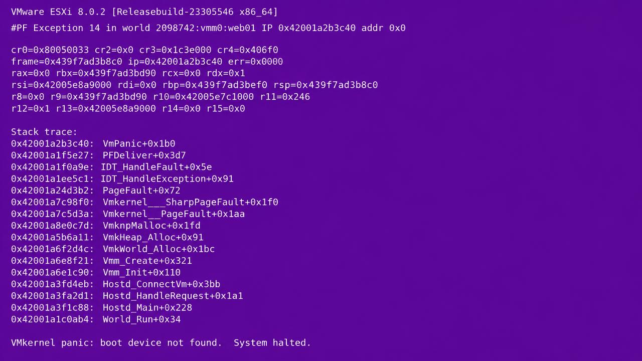 ESXi purple diagnostic screen showing a VMkernel exception with backtrace and core dump progress