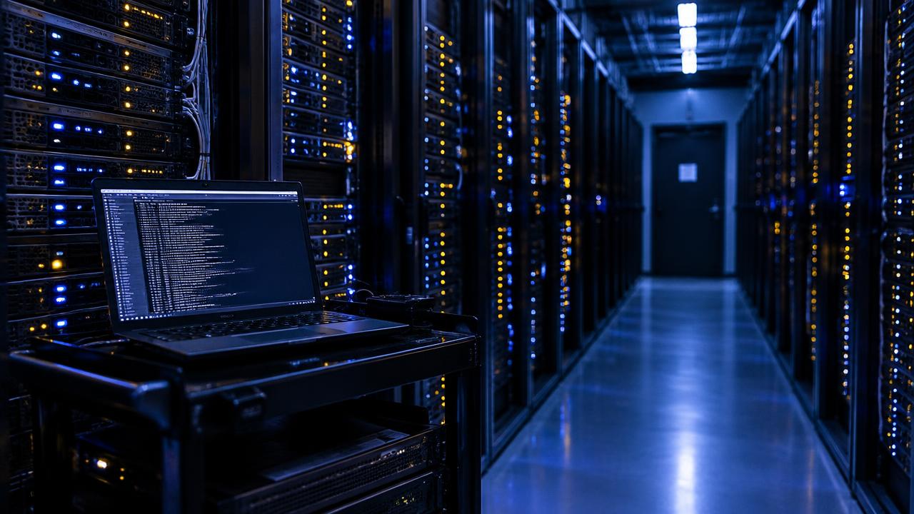 Dark data centre aisle of server racks with a laptop showing a terminal session on a cart