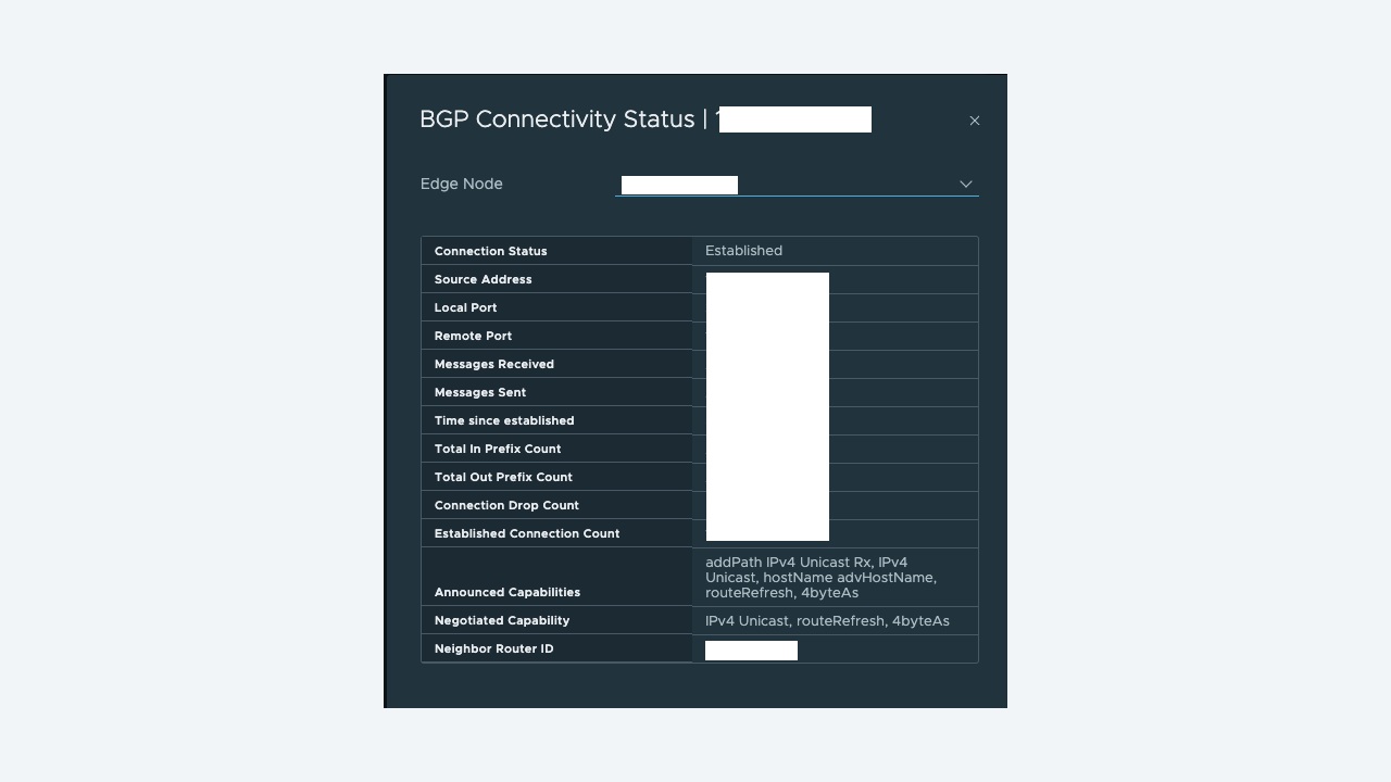 Terminal output showing a BGP neighbour summary with Established and Active session states