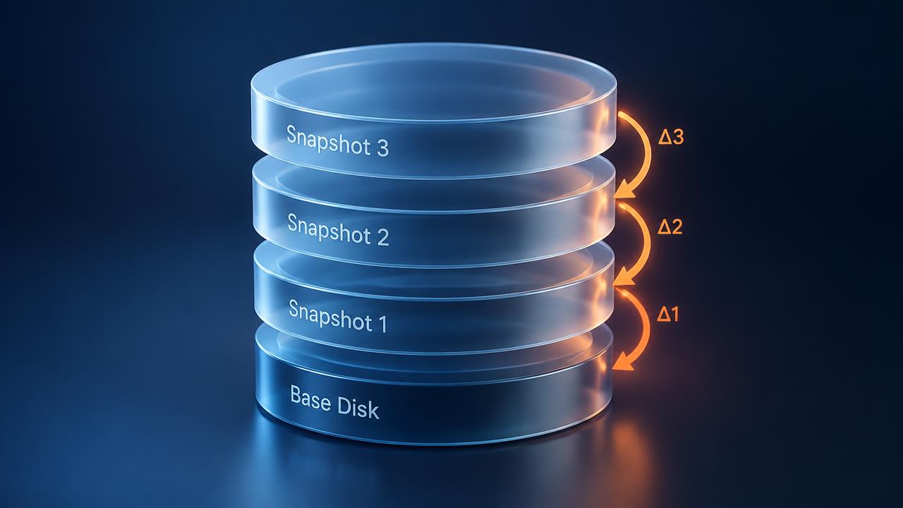 Virtual machine disk chain with base disk and snapshot delta layers