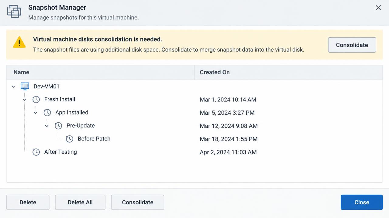 Snapshot manager dialog listing snapshot tree entries with a consolidation warning banner