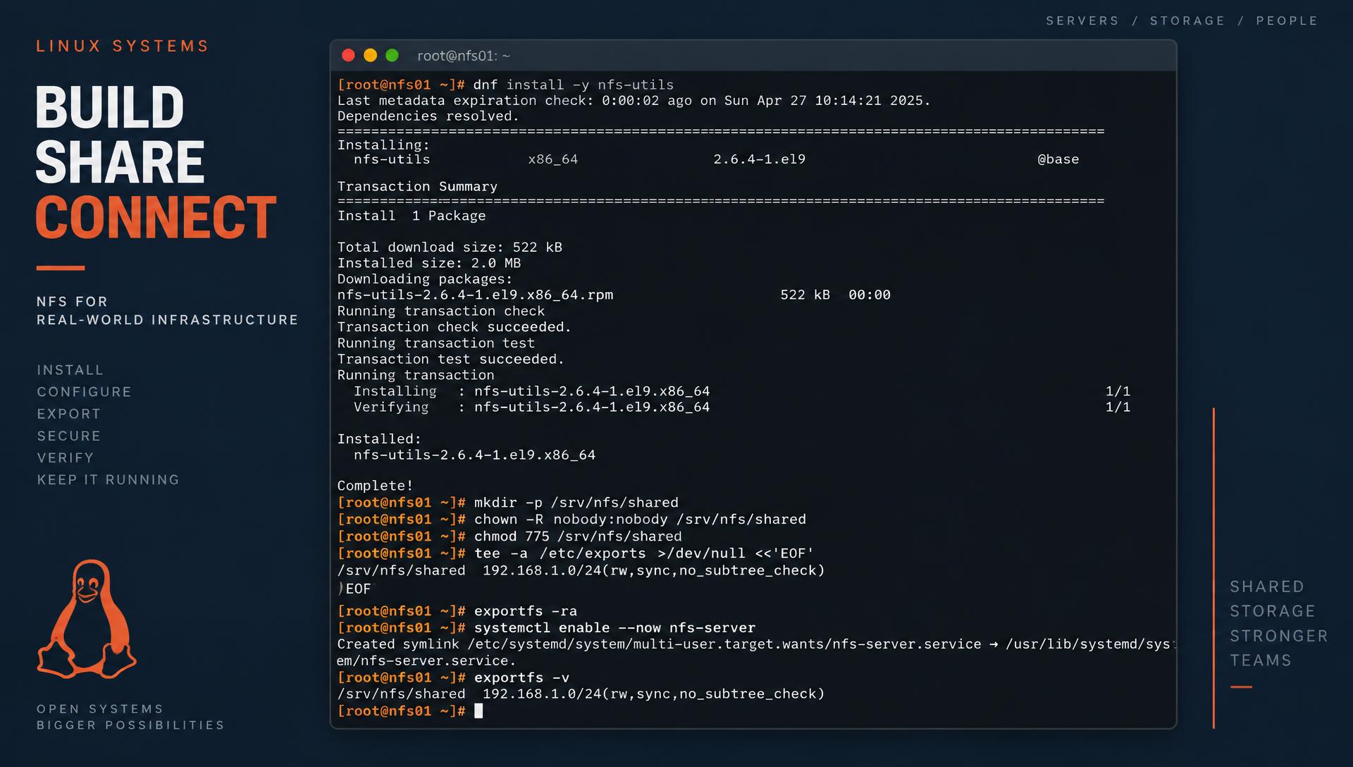 Linux terminal configuring an NFS server on Ubuntu 26.04 LTS