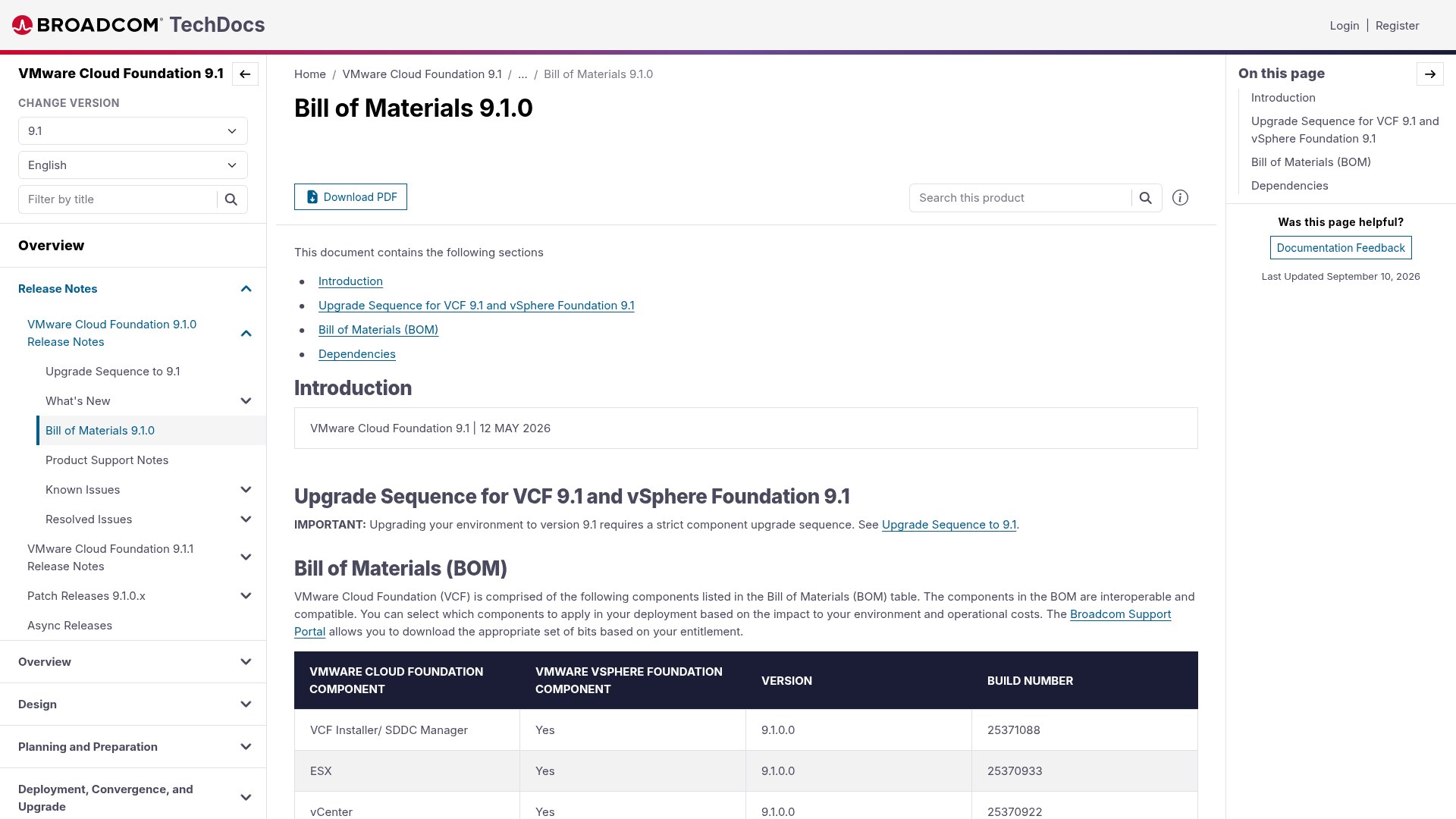 VMware Cloud Foundation 9.1.0 Bill of Materials table listing component versions and build numbers
