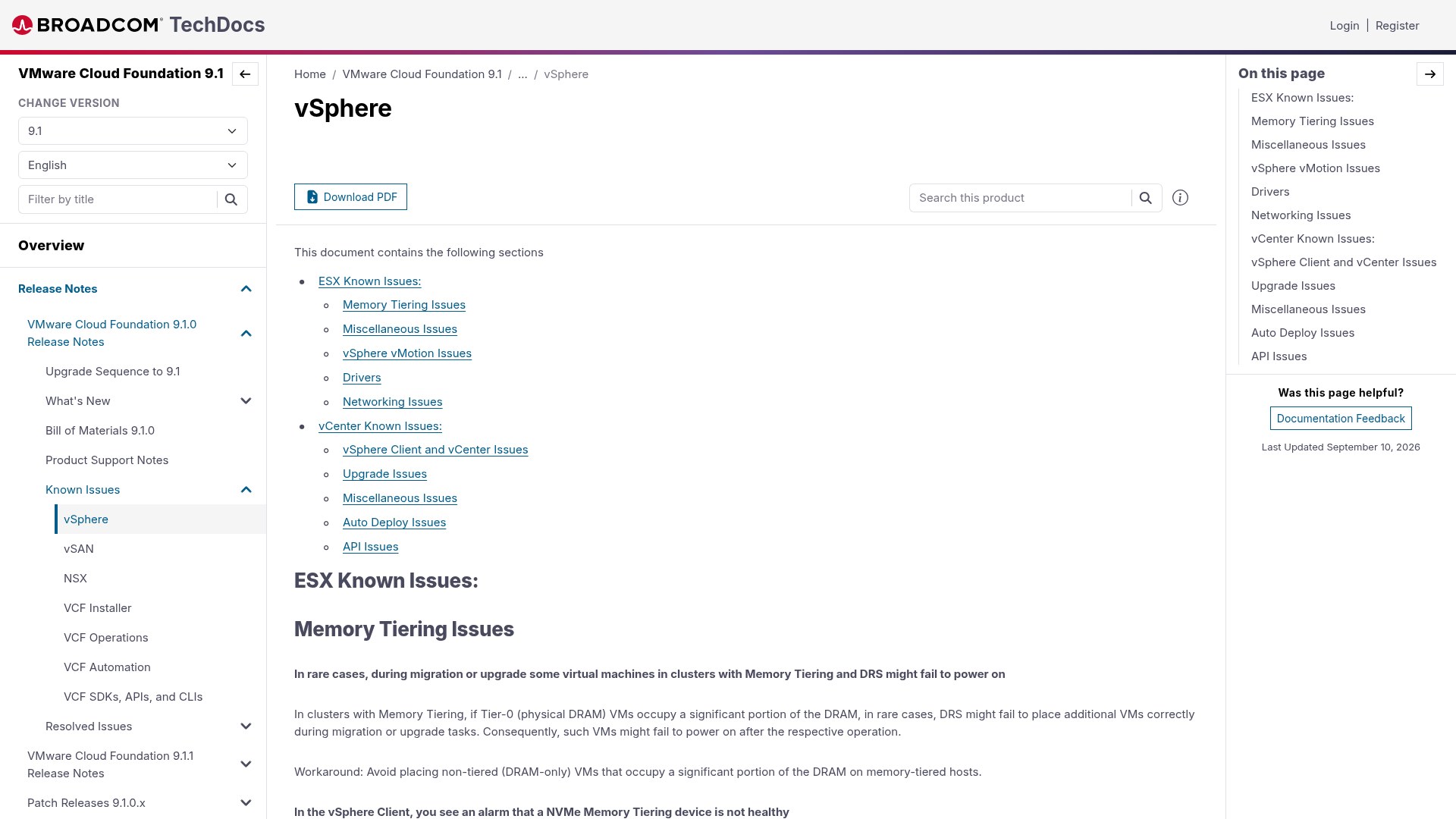 Broadcom TechDocs page showing VMware Cloud Foundation 9.1 vSphere known issues