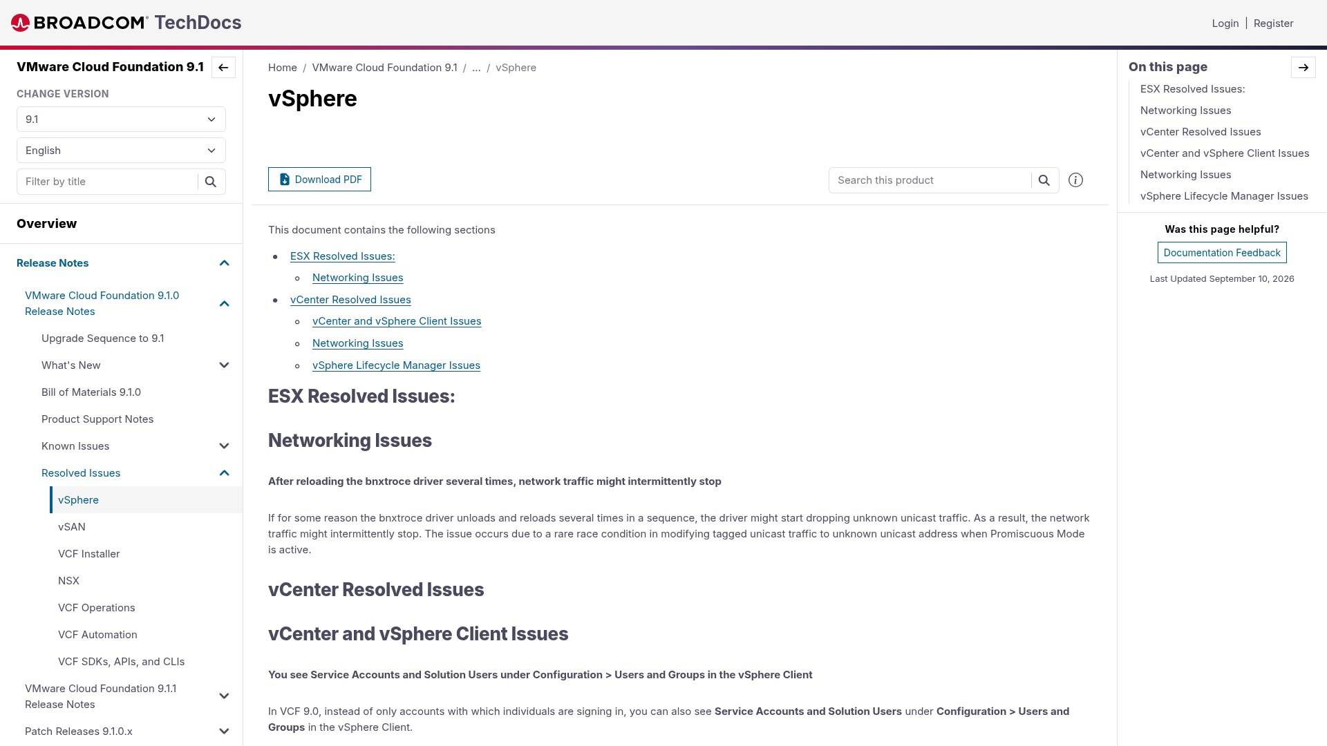 Broadcom TechDocs page showing VMware Cloud Foundation 9.1 vSphere resolved issues