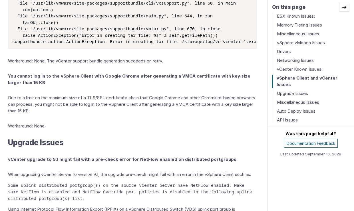 Broadcom TechDocs Upgrade Issues section describing the vCenter 9.1 NetFlow pre-check failure on uplink distributed portgroups