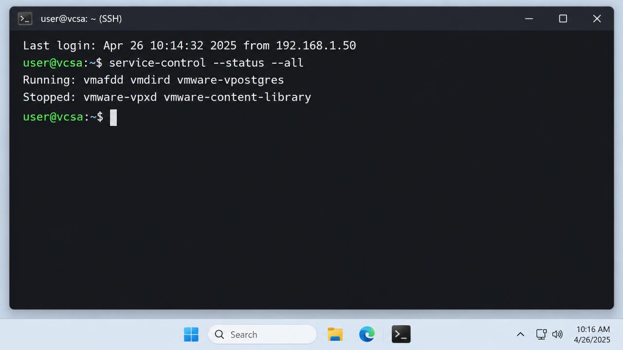 SSH session on a vCenter Server Appliance showing service-control status output with vpxd stopped