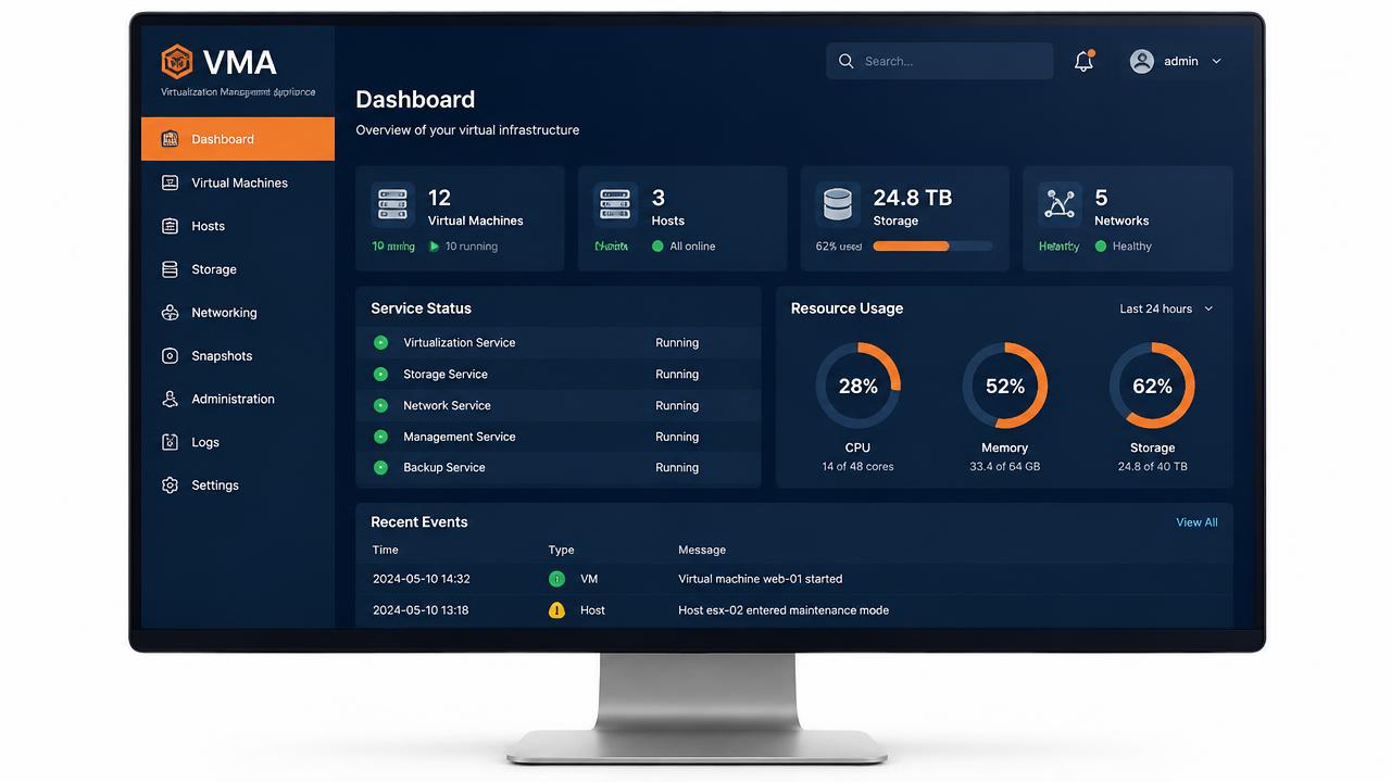 vCenter Server Appliance management dashboard showing service status