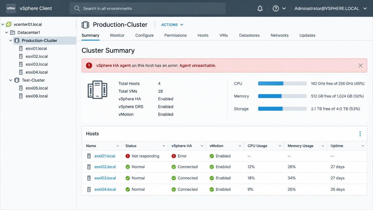 Cluster summary screen showing a vSphere HA agent unreachable error and a host that is not responding