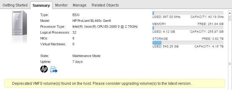 Deprecated VMFS Volumes found on the Host Vsphere ESXi 6