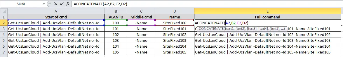 Excel UCS concatenate cmds