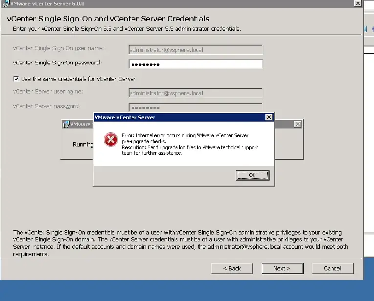 vCenter 6 upgrade check failed